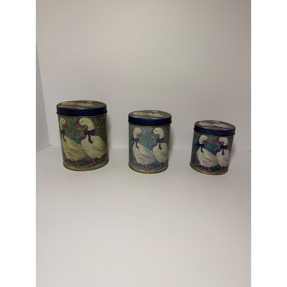 Vintage Snow Geese Nesting Tin Canisters Set of 3 Blue Ribbon Cottagecore Decor